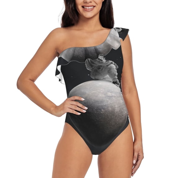 Uemuo Astronaut Sitting On Mercury Planet Print Women's One Piece Swimsuit Asymmetrical Neck Bathing Suit One Shoulder Side Cutout Ruffle Swimwear-