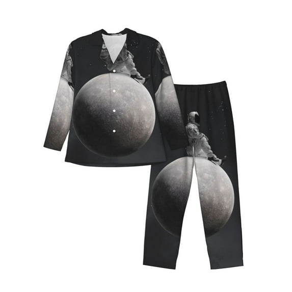 Uemuo Astronaut Sitting On Mercury Planet Pattern 2-Piece Loungewear Set - Men’s Soft Sleepwear, Cozy Winter PJs, Comfy Sleep Set-Large