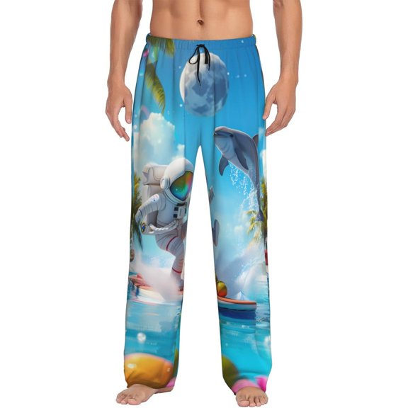 Uemuo Astronaut Tropical Dolphin Pattern Men's Wide Leg Palazzo Lounge Pants with Pockets Light Weight Loose Comfy Casual Pajama Pants-Large