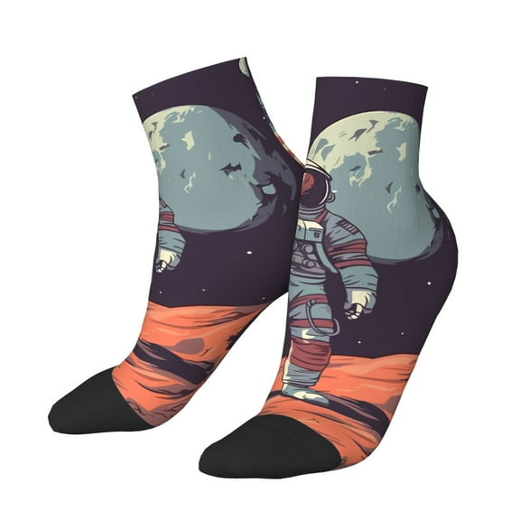 Uemuo Astronaut With American Flag Printed Crew Socks, Moisture-Wicking Socks, Athletic Socks for Men Breathable Cushion Socks Casual Sport Socks for Running Traveling