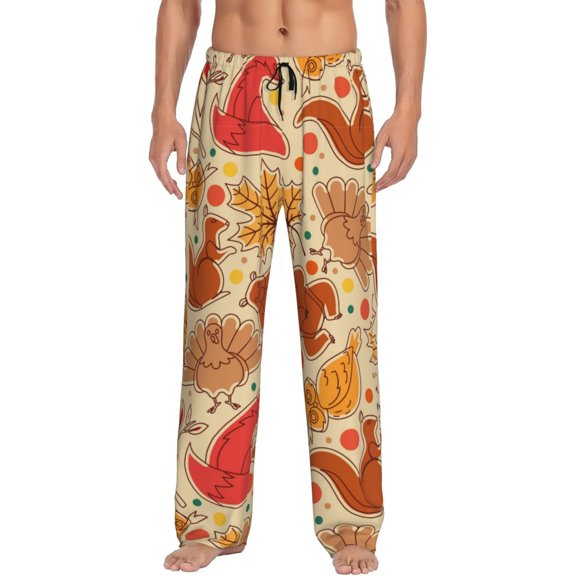 Uemuo Autumn Animal Maple Leaves Pattern Men's Wide Leg Palazzo Lounge Pants with Pockets Light Weight Loose Comfy Casual Pajama Pants-Small