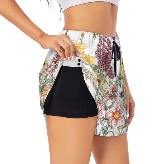 Uemuo Autumn Garden Pattern Women's Athletic Shorts High Waisted Running Shorts with Liner Pockets Gym Elastic Workout Shorts-X-Large