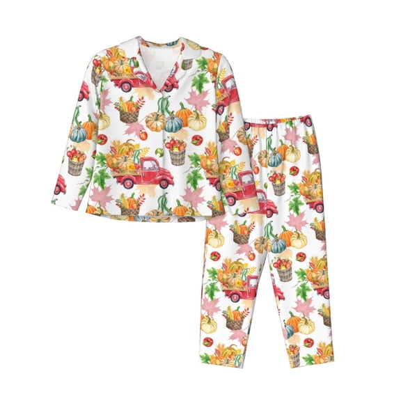 Uemuo Autumn Harvest Truck Pattern Womens Pajama Sets,PJ Set for Women,Pajamas for Women Logo,Long Sleeve Pajama Set for Women,Soft Long Sleeve Top With Pants-Large