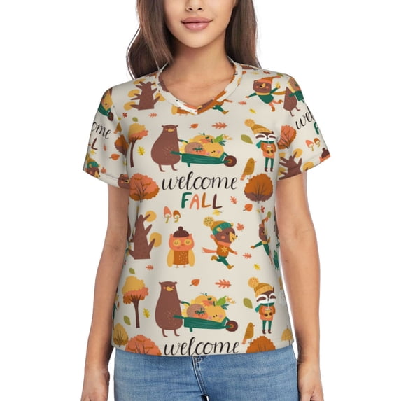 Uemuo Autumn In The Forest Printed Women's Classic V-Neck T-Shirt - Soft, Breathable, Moisture-Wicking, Perfect for Casual, Office, Travel, and Everyday Wear-Small