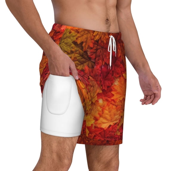 Uemuo Autumn Leaf Pattern Mens Swim Trunks Quick Dry Board Shorts with Mesh Lining, Stretch Beach Shorts Quick Dry No-Chafing Board Shorts-Large