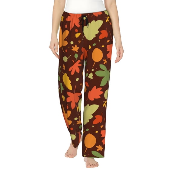 Uemuo Autumn Leaves Pattern Women's Wide Leg Palazzo Lounge Pants with Pockets Light Weight Loose Comfy Casual Pajama Pants-