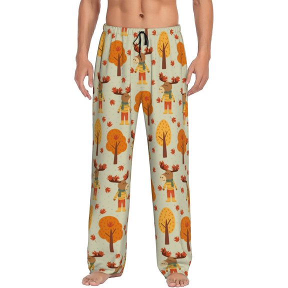 Uemuo Autumn Maple Leaf and Deer Pattern Men's Wide Leg Palazzo Lounge Pants with Pockets Light Weight Loose Comfy Casual Pajama Pants-Large