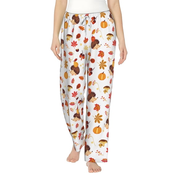 Uemuo Autumn Maple Leaf with Hedgehog Pattern Women's Wide Leg Palazzo Lounge Pants with Pockets Light Weight Loose Comfy Casual Pajama Pants-Medium