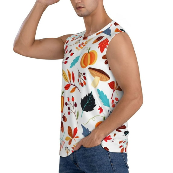 Uemuo Autumn Pumpkins Fall Leaves Pattern Men's Sleeveless T-Shirt,Muscle Athletic Tank Top, Moisture-wicking Quick-dry Breathable Classic Tee Top for Gym Run Outdoor Sports-Medium