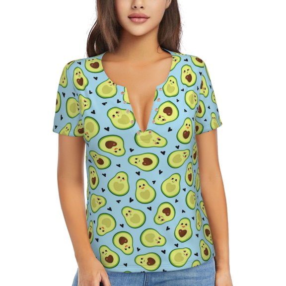 Uemuo Avocado and Hearts Drawing Women's Deep V-Neck Low Cut Tops - Casual Loose Fit with Stainless Steel Loop, Soft, Breathable, Perfect for Office, Travel, and Daily Wear-Large
