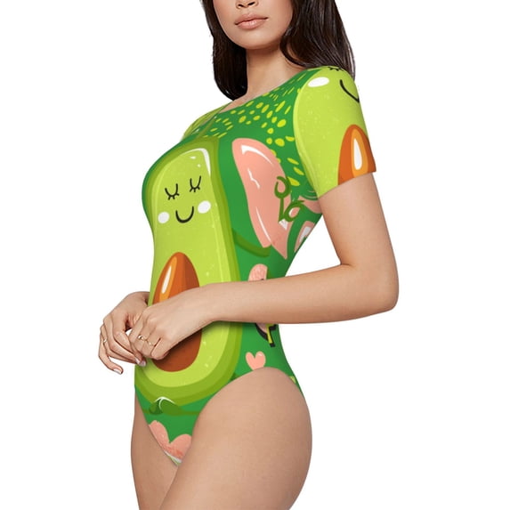 Uemuo Avocado Keep Calm Pattern Women's One Piece Short Sleeve Swimsuit Rash Guard Surfing Modest Quick-drying Swimsuit Beach Essentials-Medium