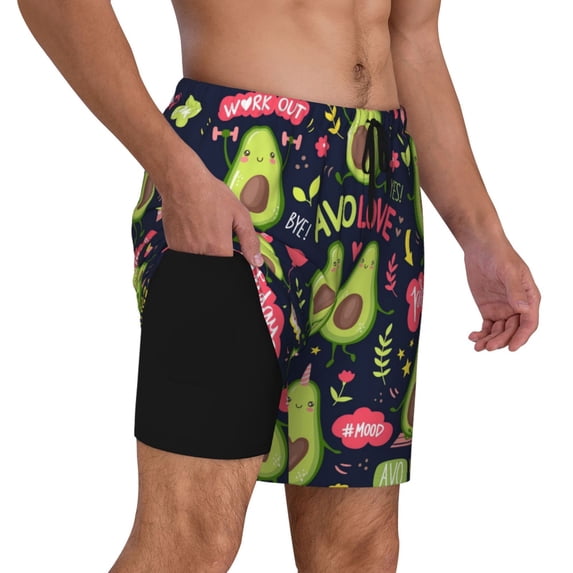Uemuo Avocado Love Pattern Mens Swim Trunks Quick Dry Board Shorts with Mesh Lining, Stretch Beach Shorts Quick Dry No-Chafing Board Shorts-Large