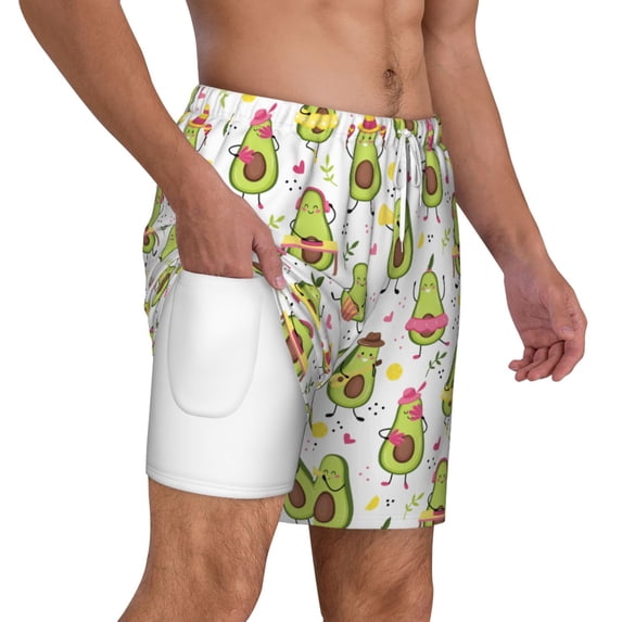 Uemuo Avocado Playing Music Pattern Mens Swim Trunks Quick Dry Board Shorts with Mesh Lining, Stretch Beach Shorts Quick Dry No-Chafing Board Shorts-Small