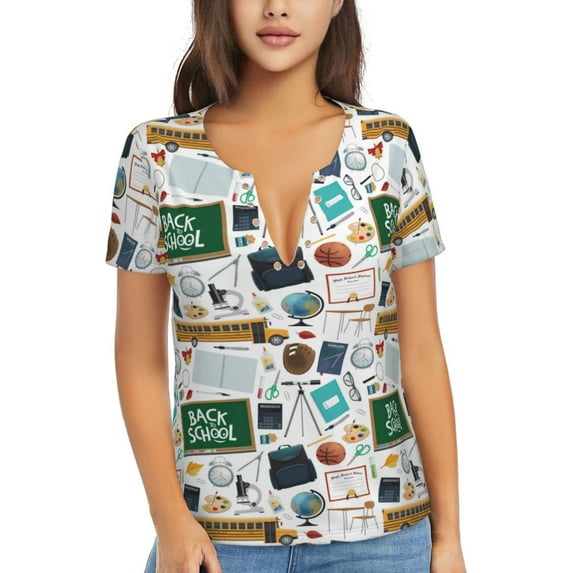 Uemuo Back To School A Drawing Women's Deep V-Neck Low Cut Tops - Casual Loose Fit with Stainless Steel Loop, Soft, Breathable, Perfect for Office, Travel, and Daily Wear-Small