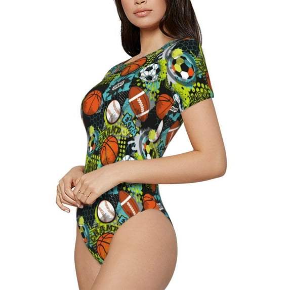 Uemuo Balls Pattern Women's One Piece Short Sleeve Swimsuit Rash Guard Surfing Modest Quick-drying Swimsuit Beach Essentials-Large