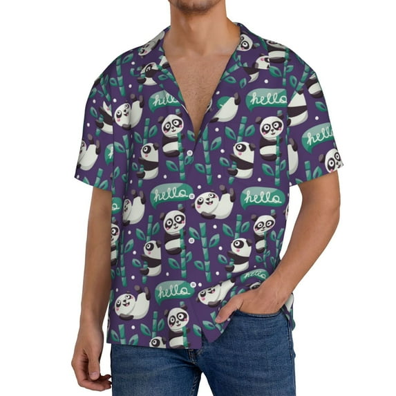 Uemuo Bamboo Panda Pattern Cotton Linen Short Sleeve Shirts,Casual Lightweight Button Down Shirts,Vacation Beach Summer Tops-4X-Large