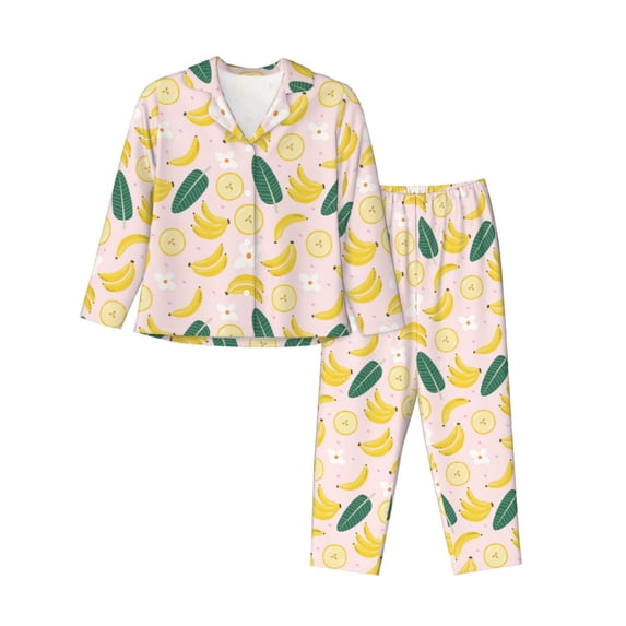 Uemuo Banana With Leaves Pattern Womens Pajama Sets,PJ Set for Women,Pajamas for Women Logo,Long Sleeve Pajama Set for Women,Soft Long Sleeve Top With Pants-Medium