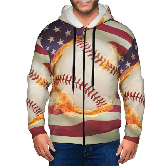 Uemuo Baseball Ball With Flag for Men's Fashion Full-zip Hoodies & Sweatshirts with Kangaroo Pocket, Zip-up Hooded Sweatshirt, Moisture Wicking & Breathable-Small