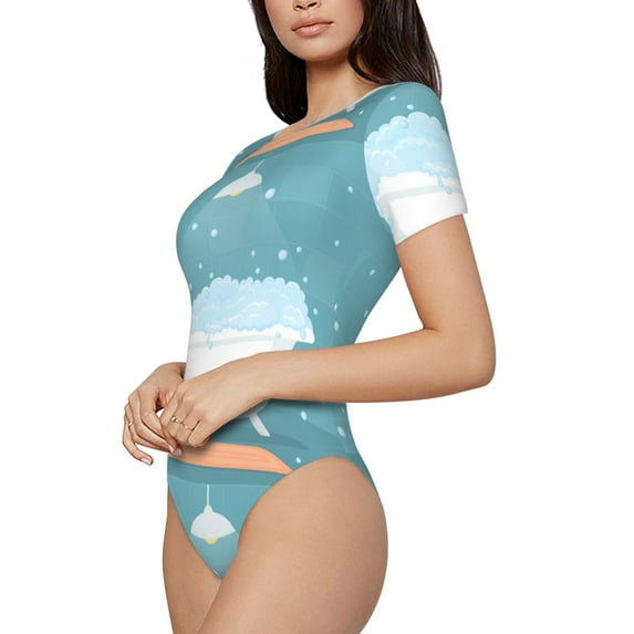 Uemuo Bathtub with Soap Bubbles Pattern Women's One Piece Short Sleeve Swimsuit Rash Guard Surfing Modest Quick-drying Swimsuit Beach Essentials-Small