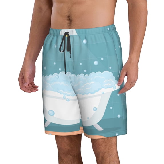 Uemuo Bathtub with Soap Bubbles Pattern Men's Swim Trunks Hawaiian Beach Bathing Suit Swimsuits Beach Quick-Dry Shorts with Pockets-Large