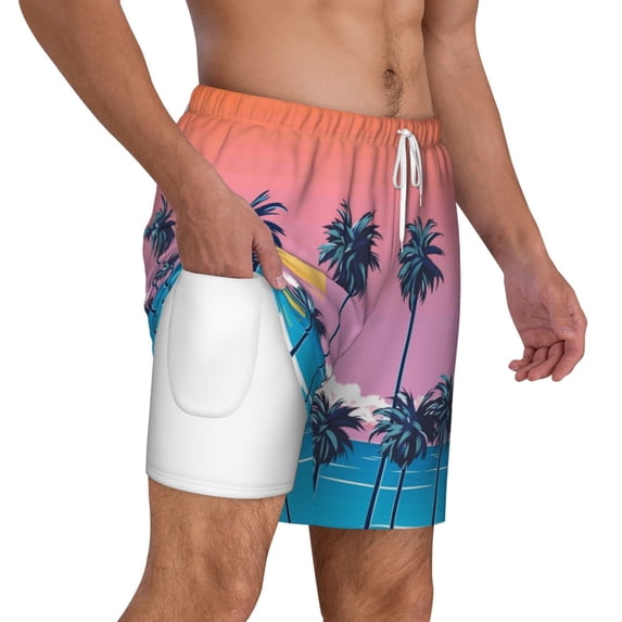 Uemuo Beach with Palm Trees Pattern Mens Swim Trunks Quick Dry Board Shorts with Mesh Lining, Stretch Beach Shorts Quick Dry No-Chafing Board Shorts-Large