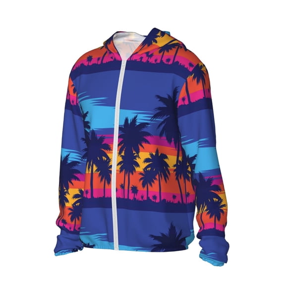 Uemuo Beach with Palm Trees Pattern Women's Full Zip UPF 50+ Sun Protection Hoodie Jacket Long Sleeve Sun Shirt Hiking Outdoor Performance with Pockets-XX-Large