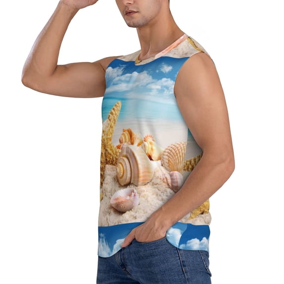 Uemuo Beach Starfish Shell Pattern Men's Sleeveless T-Shirt,Muscle Athletic Tank Top, Moisture-wicking Quick-dry Breathable Classic Tee Top for Gym Run Outdoor Sports-Small