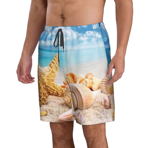Uemuo Beach Starfish Shell Pattern Men's Swim Trunks Hawaiian Beach Bathing Suit Swimsuits Beach Quick-Dry Shorts with Pockets-3X-Large