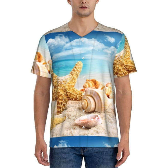 Uemuo Beach Starfish Shell Print Mens Polo Shirts Baseball T-shirt Performance Short Sleeve Golf Shirt Moisture Wicking Athletic Casual Collared T-Shirt-XX-Large