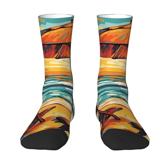 Uemuo Beach Umbrella Sunset Pattern Women's Crew Socks, Soft Durable Breathable Moisture-Wicking with Odor Control Cotton socks