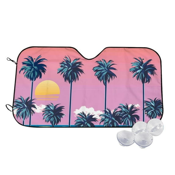 Uemuo Beach with Palm Trees Pattern Accordion Car Windshield Sun Shade, Foldable Reflective Sun Visor for Car, Reflector Windshield Sunshade-