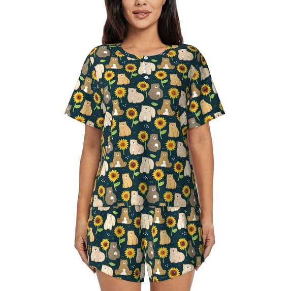 Uemuo Bear Sunflower Pattern Women's Short-Sleeved Pajama, Button-Front Loungewear, 2-Piece Summer Sleepwear, Elastic Drawstring Shorts-XX-Large