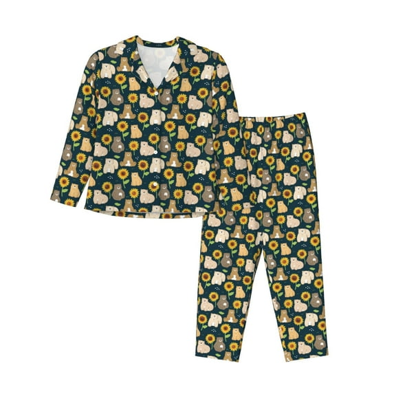 Uemuo Bear Sunflower Pattern Womens Pajama Sets,PJ Set for Women,Pajamas for Women Logo,Long Sleeve Pajama Set for Women,Soft Long Sleeve Top With Pants-XX-Large
