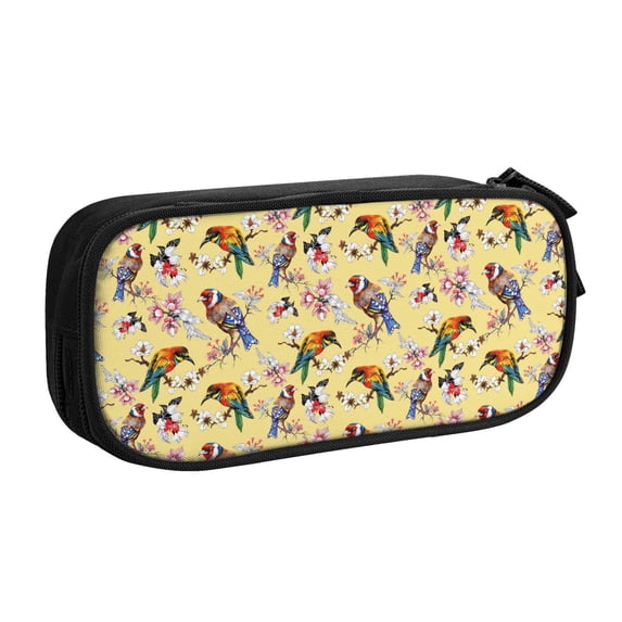 Uemuo Beautiful Bright Birds And Flowers Printed Pencil Pen Case, Portable Pencil Pouch with Zipper, Compact Stationery Bag Makeup Bag, Pencil Bag for Home Office