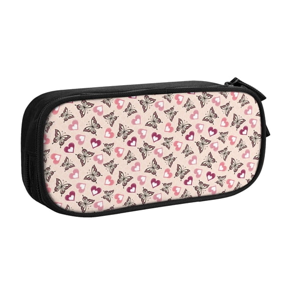 Uemuo Beautiful Butterflies and Hearts Printed Pencil Pen Case, Portable Pencil Pouch with Zipper, Compact Stationery Bag Makeup Bag, Pencil Bag for Home Office