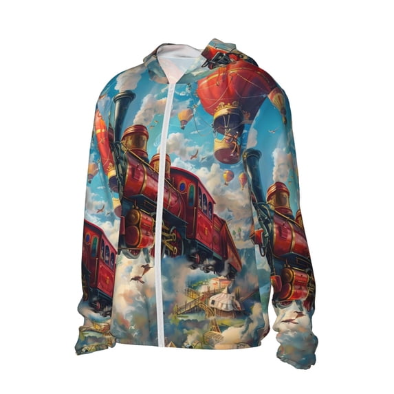 Uemuo Beautiful Red Train Hot Air Balloon Pattern Women's Full Zip UPF 50+ Sun Protection Hoodie Jacket Long Sleeve Sun Shirt Hiking Outdoor Performance with Pockets-Small