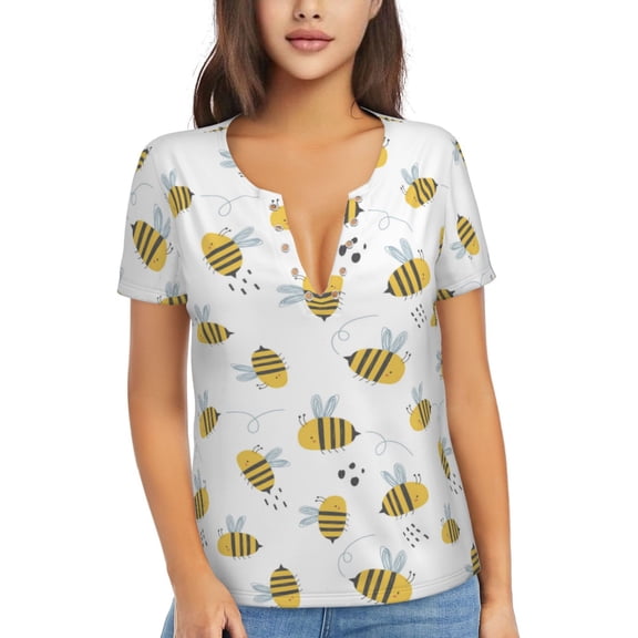 Uemuo Bee Drawing Women's Deep V-Neck Low Cut Tops - Casual Loose Fit with Stainless Steel Loop, Soft, Breathable, Perfect for Office, Travel, and Daily Wear-Medium
