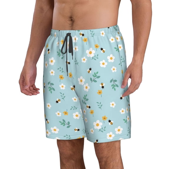 Uemuo Bee Flower Pattern Men's Swim Trunks Hawaiian Beach Bathing Suit Swimsuits Beach Quick-Dry Shorts with Pockets-Small