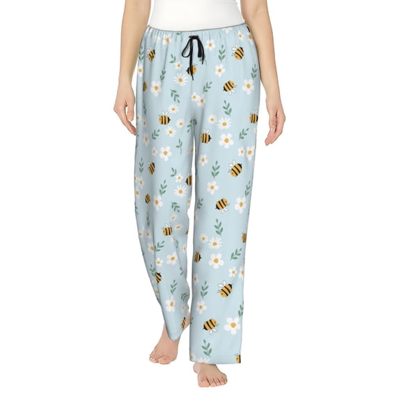 Uemuo Bee Flower Pattern Women's Wide Leg Palazzo Lounge Pants with Pockets Light Weight Loose Comfy Casual Pajama Pants-XX-Large