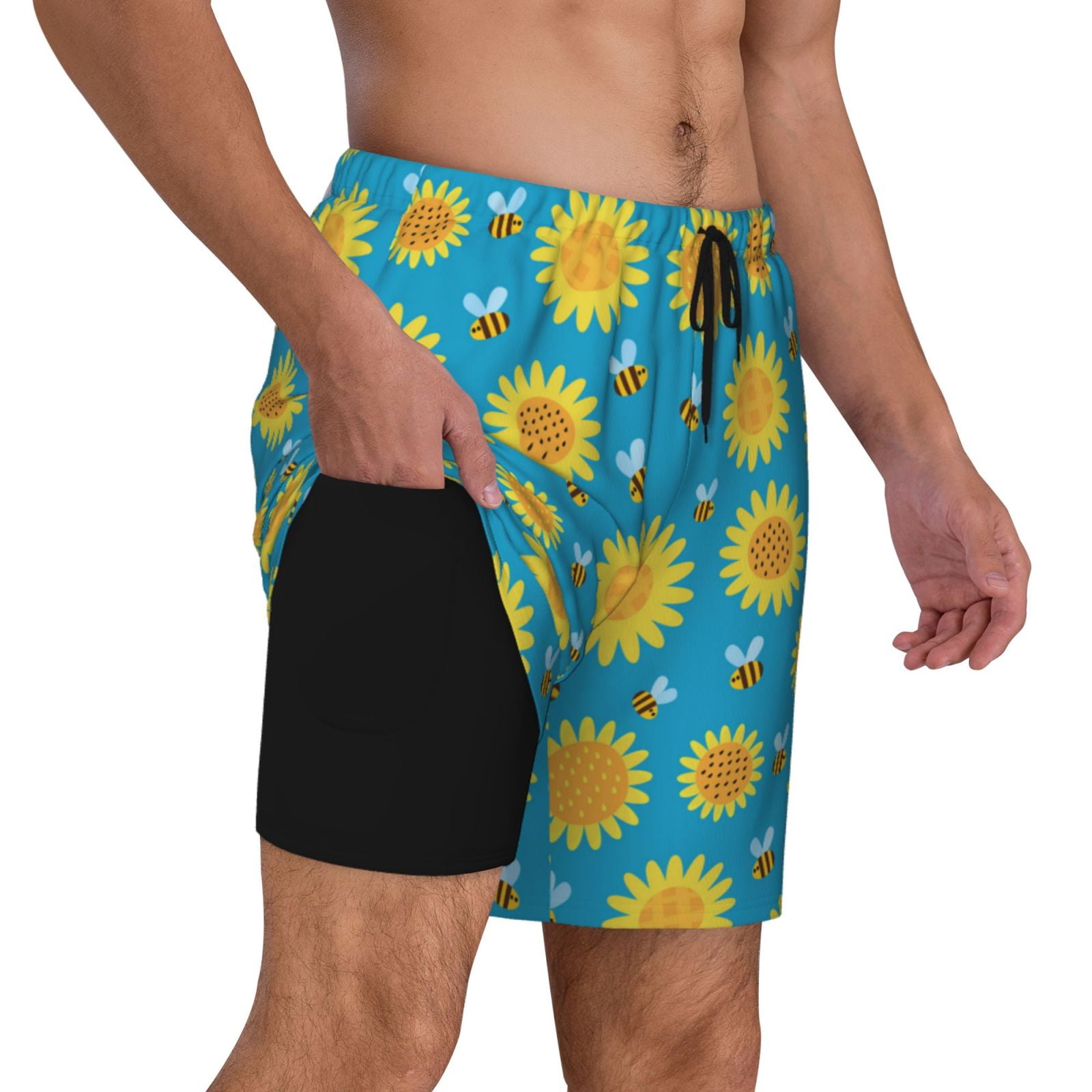 Uemuo Bee Sunflower Pattern Mens Swim Trunks Quick Dry Board Shorts