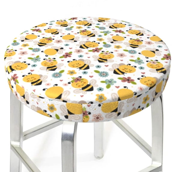 Uemuo Bee and Flowers Pattern Round Bar Stool Seat Covers Washable Stool Cushion Slipcover Elastic Bar Chair Covers-12 inch
