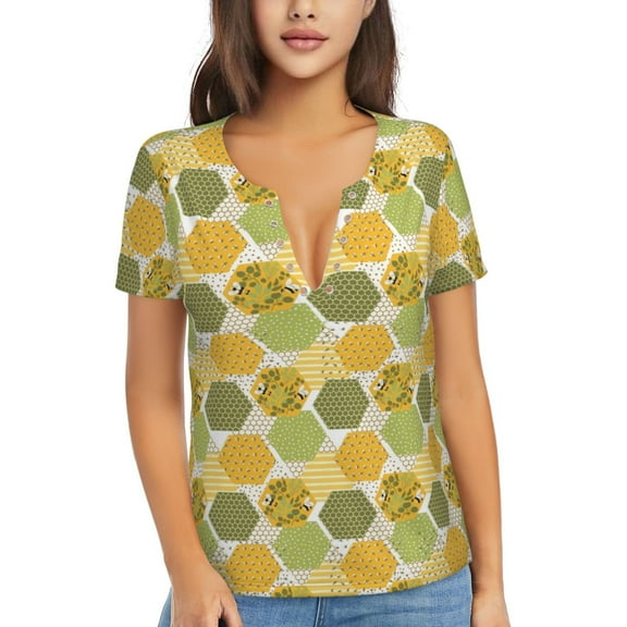 Uemuo Bee honey Drawing Women's Deep V-Neck Low Cut Tops - Casual Loose Fit with Stainless Steel Loop, Soft, Breathable, Perfect for Office, Travel, and Daily Wear-Small