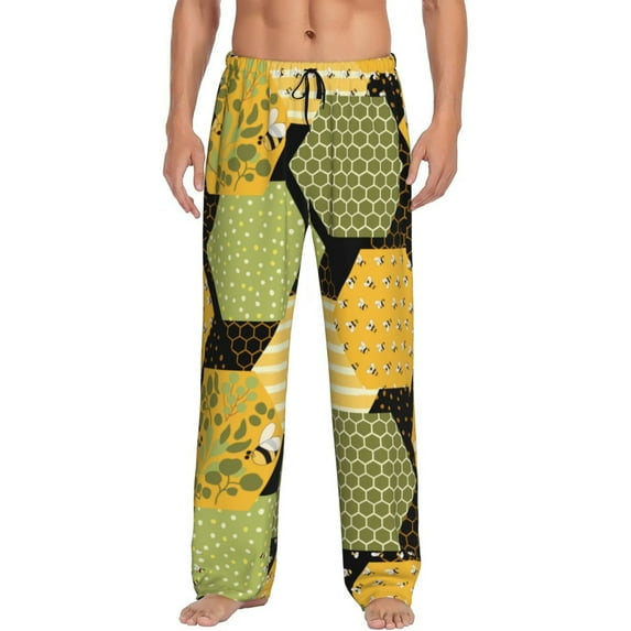 Uemuo Bee honey Pattern Men's Wide Leg Palazzo Lounge Pants with Pockets Light Weight Loose Comfy Casual Pajama Pants-Large