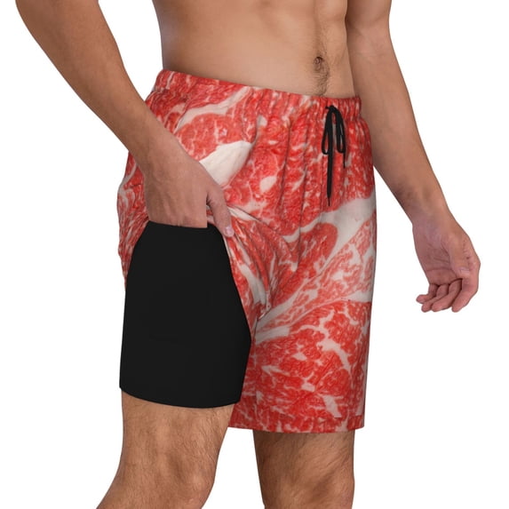 Uemuo Beef Steaks Pattern Mens Swim Trunks Quick Dry Board Shorts with Mesh Lining, Stretch Beach Shorts Quick Dry No-Chafing Board Shorts-Large