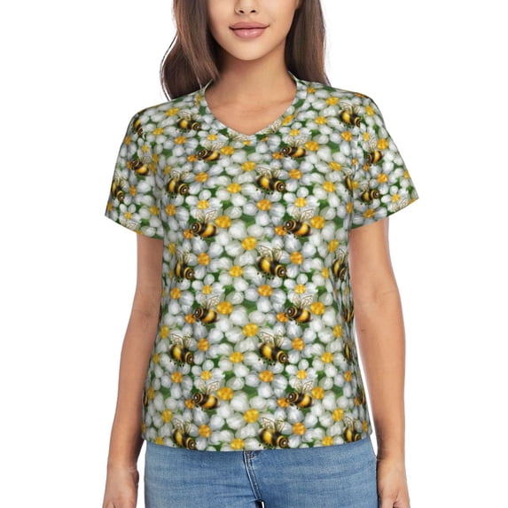 Uemuo Bees and Flower Printed Women's Classic V-Neck T-Shirt - Soft, Breathable, Moisture-Wicking, Perfect for Casual, Office, Travel, and Everyday Wear-X-Large