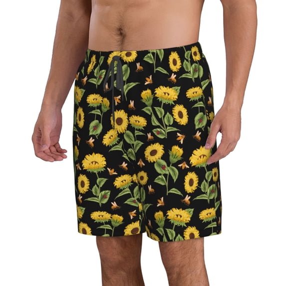 Uemuo Bees and Sunflowers Pattern Men's Swim Trunks Hawaiian Beach Bathing Suit Swimsuits Beach Quick-Dry Shorts with Pockets-X-Large