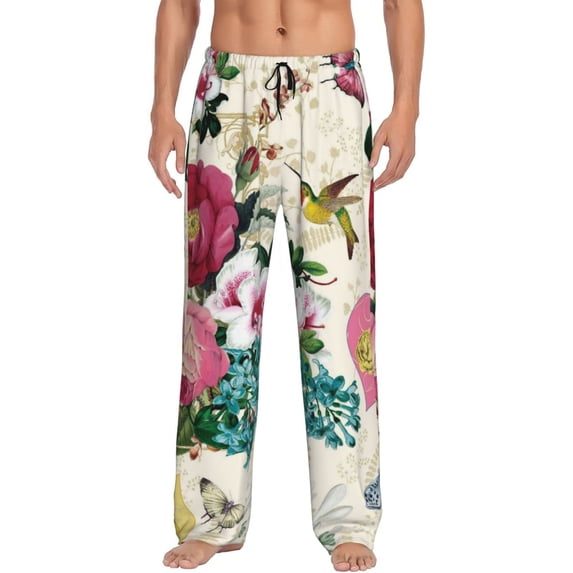 Uemuo Bird Butterfly Rose Pattern Men's Wide Leg Palazzo Lounge Pants with Pockets Light Weight Loose Comfy Casual Pajama Pants-