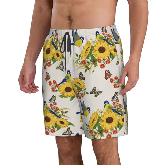 Uemuo Bird Sunflowers Pattern Men's Swim Trunks Hawaiian Beach Bathing Suit Swimsuits Beach Quick-Dry Shorts with Pockets-X-Large