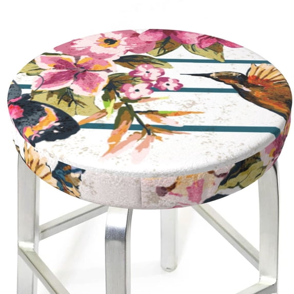 Uemuo Bird and Floral Pattern Round Bar Stool Seat Covers Washable Stool Cushion Slipcover Elastic Bar Chair Covers-12 inch