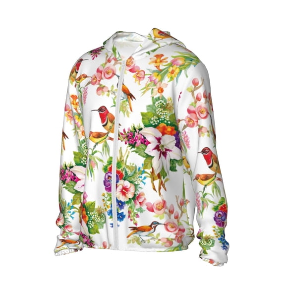 Uemuo Birds And Flowers Pattern Women's Full Zip UPF 50+ Sun Protection Hoodie Jacket Long Sleeve Sun Shirt Hiking Outdoor Performance with Pockets-